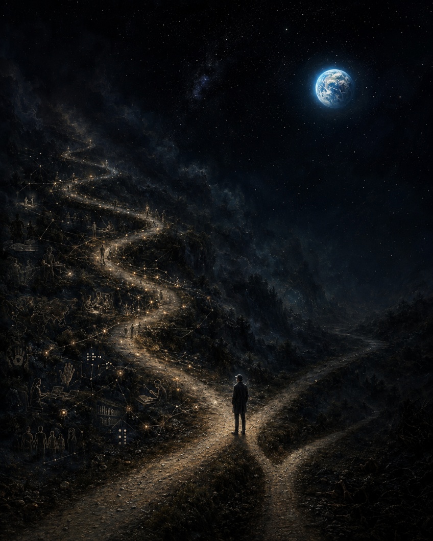 Caminho luminoso sob um céu estrelado, com uma pessoa seguindo em direção ao horizonte. Ilustração que abre o memorial.