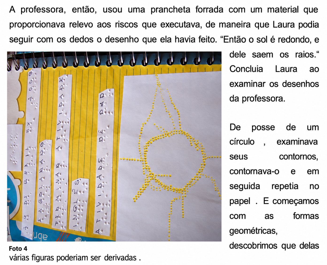 Registro de uma atividade tátil: desenho de uma casa feito em relevo sobre papel, apresentado junto a um texto sobre a aprendizagem de Laura.