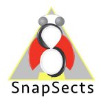 Logotipo do SnapSects: inseto estilizado com asas vermelhas, corpo branco e contorno preto sobre um triângulo claro. Abaixo, o nome SnapSects.